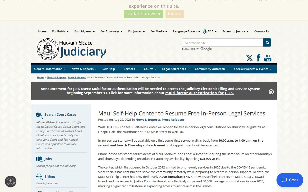 Maui Self-Help Center civil legal service announcement