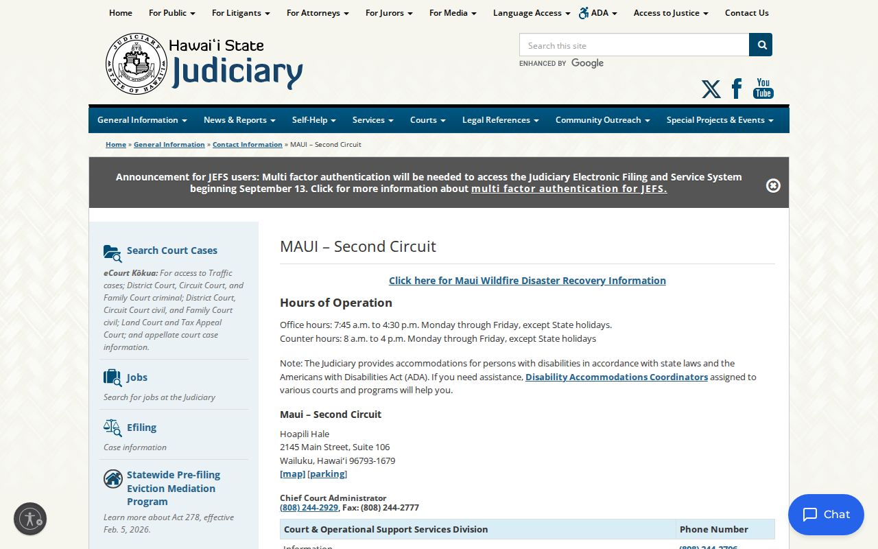 Official Maui Second Circuit court contact information
