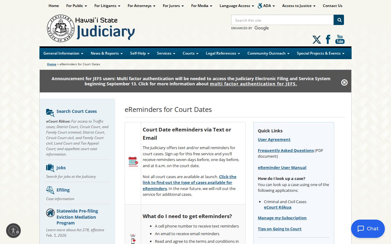 Hawaiʻi Judiciary eReminder details for Maui criminal court dates