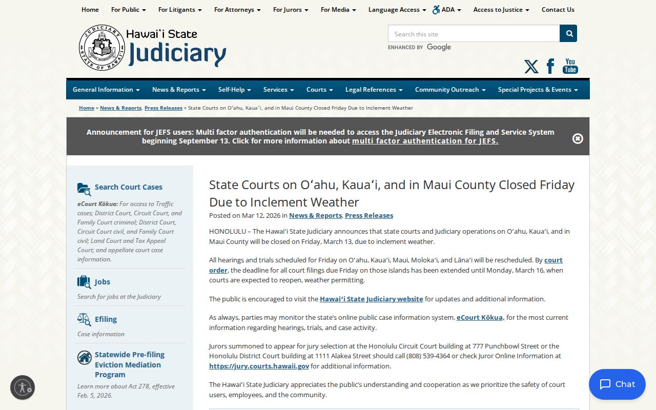 Judiciary closure notice affecting Kīhei court settings