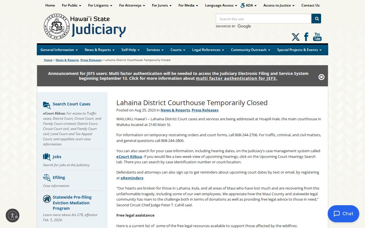 Lahaina court docket temporary courthouse closure notice