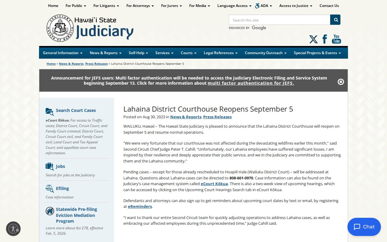 Lahaina court docket courthouse reopening notice