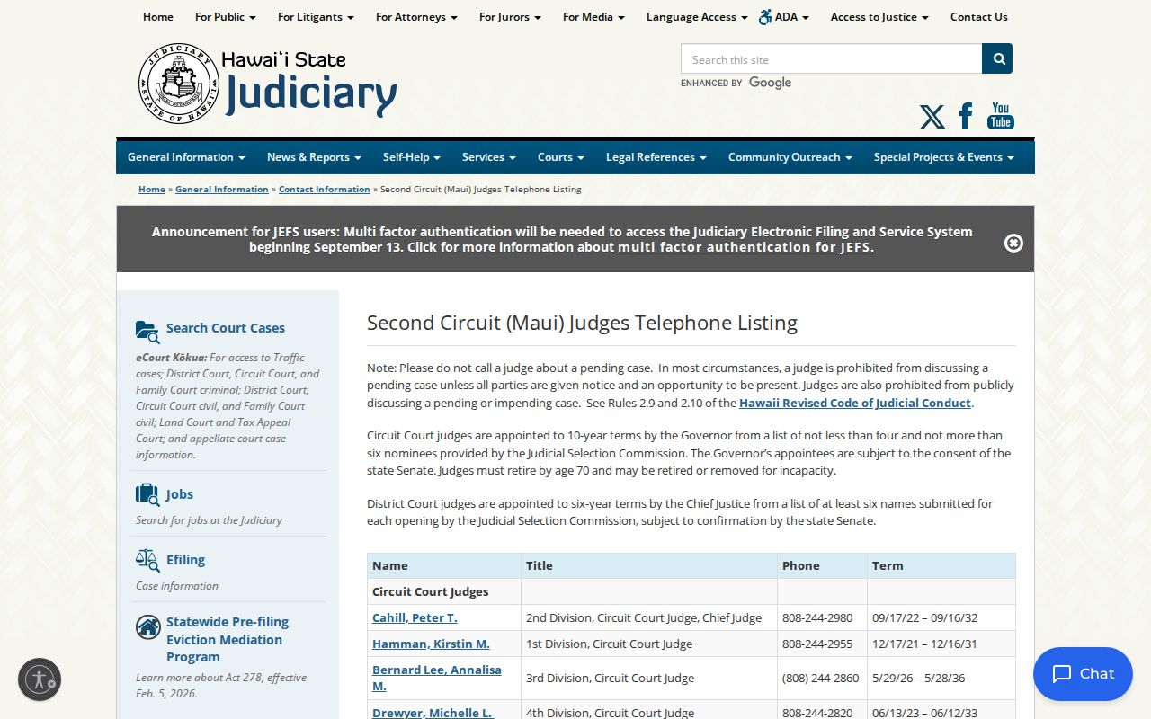 Official Second Circuit judges and division contact listing