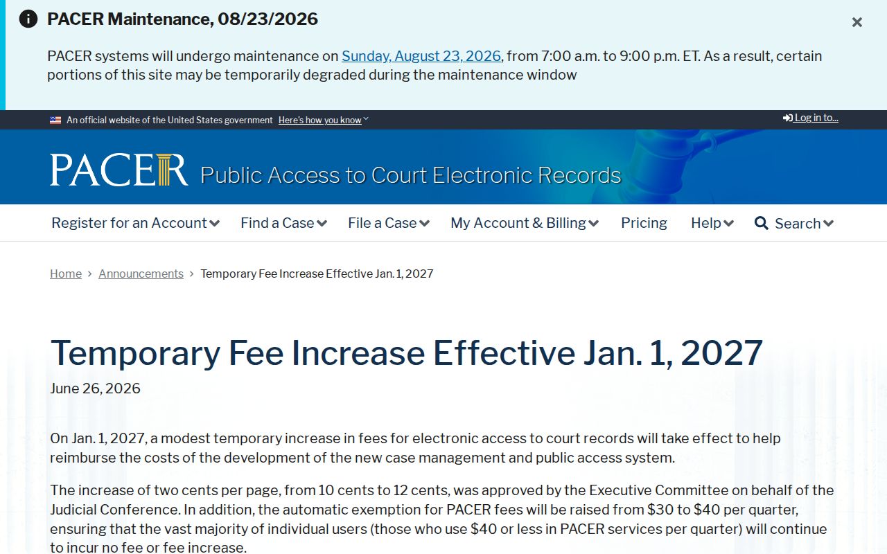 Official PACER fee notice for federal docket records